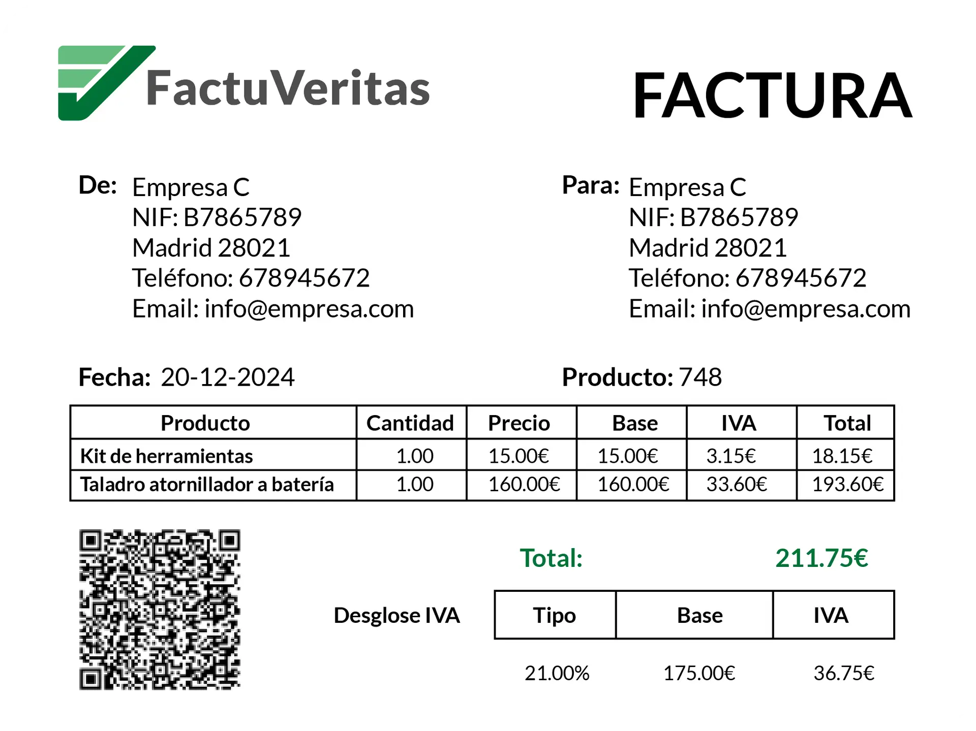 Ejemplo de factura electrónica generada con FactuVeritas