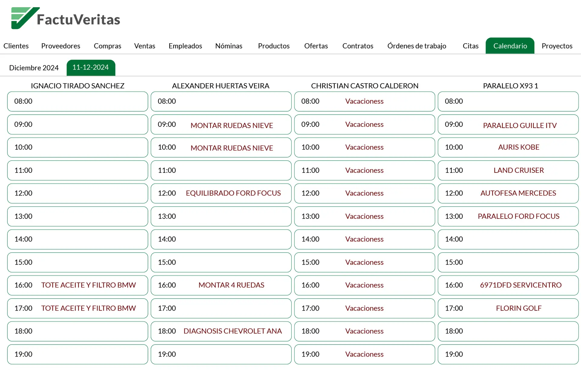 Vista del calendario de FactuVeritas con citas asignadas por empleado
