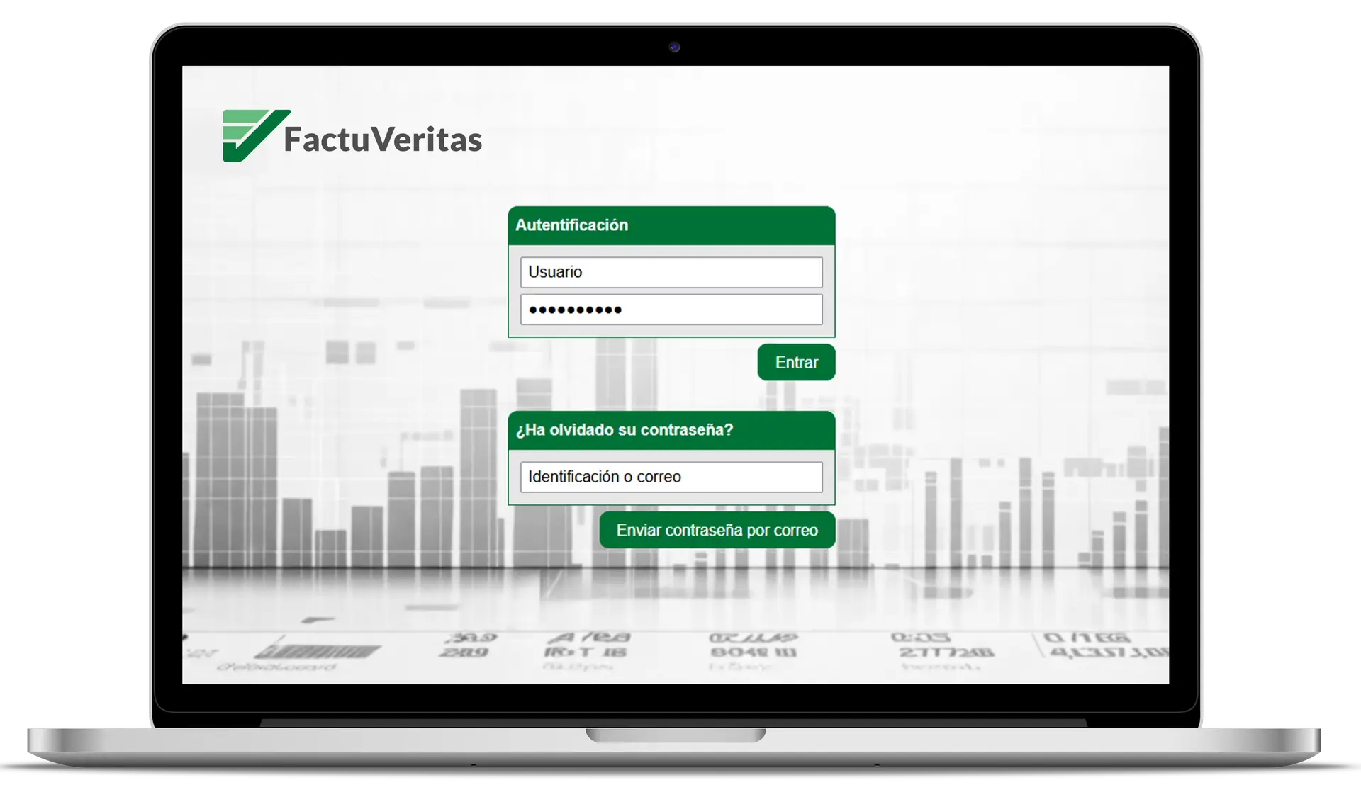 Portátil mostrando la pantalla de acceso de FactuVeritas